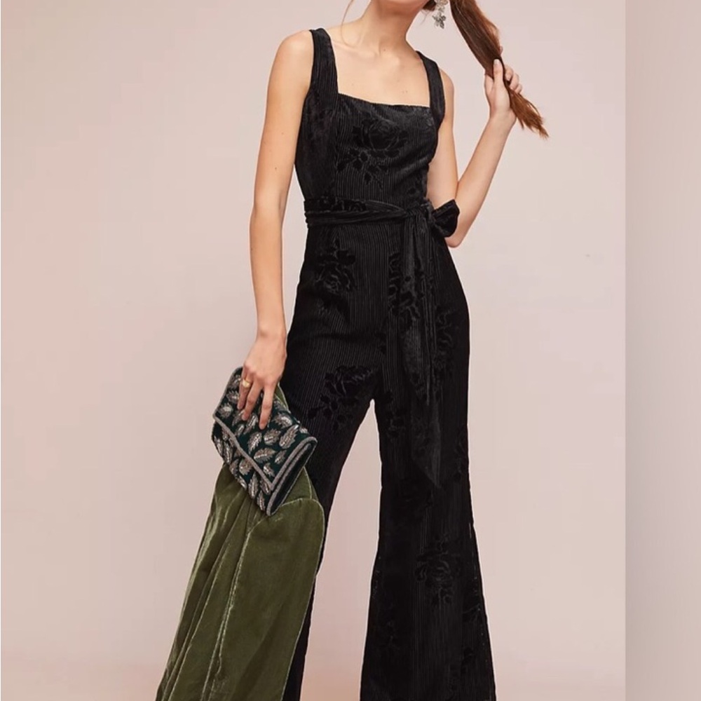 Anthropologie NWT Moulinette Soeurs Velvet Burnout Jumpsuit Wide Leg Tie Waist